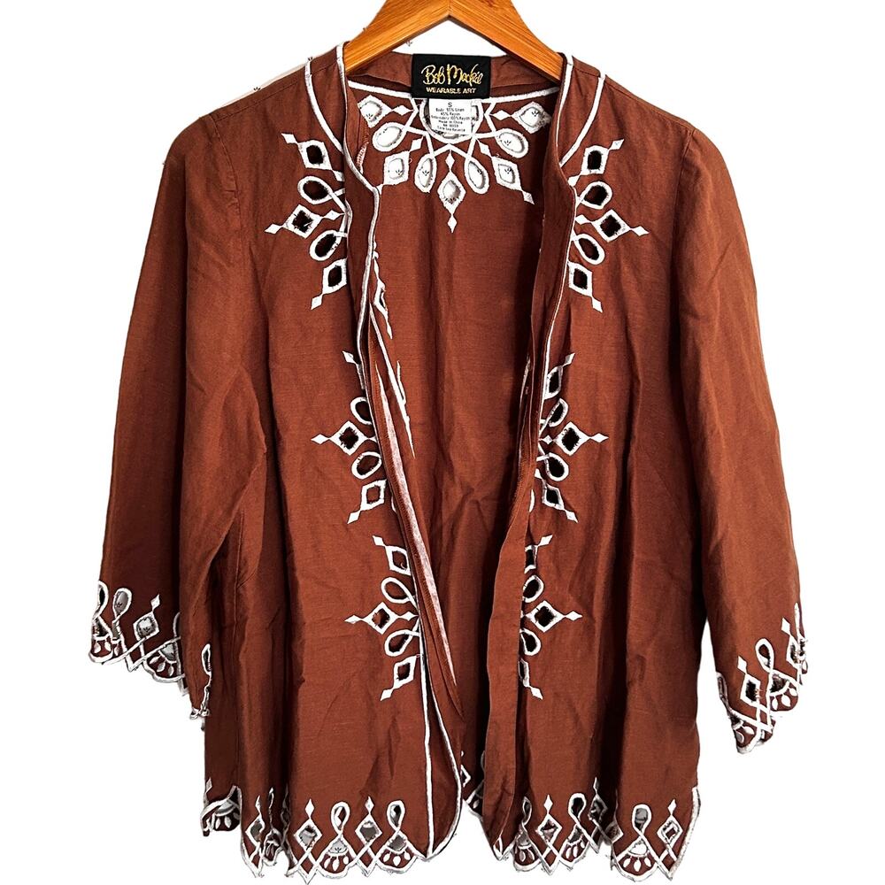 Bob Mackie Linen Eyelet Jacket S Brown Cardigan Coastal Resort Cruise Art Wear